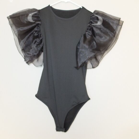 Black Sexy Flutter Sleeve Bodysuit Size Medium - Picture 9 of 12